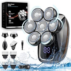 Rasoir Electriques Hommes, 5 en 1 Rasoir Crane à Tête Chauve Rotatives USB Rechargeable, Ensemble de Rasoir Chauve Imperméable et à sec Flottant 7D, Rasoir Nez Ave écran LED et Brosse pour le Visage