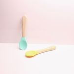 THE LITTLE LOOKERS Silicone Spoon with Bamboo Handle, BPA Free Feeding Spoons for Baby/Kids/Toddlers - Green & Yellow (Pack of 2)