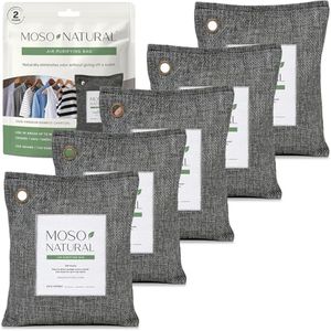Moso Natural Air Purifying Bag 200g (5 Pack). A Scent Free Odor Eliminator for Cars, Closets, Bathrooms, Pet Areas. Premium Moso Bamboo Charcoal Odor Absorber. Two Year Lifespan! (Charcoal Grey)