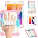 Timecity Kids Case for iPad 9th/8th/7th Generation 2021/2020/2019 with Screen Protector, Full-Body Shockproof Protective Cover with Rotating Stand, Hand Strap for iPad 10.2 inch - Pink (Multicolor)