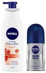 NIVEA Body Lotion, Extra Whitening Cell Repair SPF 15, For All Skin Types, 400ml And NIVEA Men Deodorant Roll On, Silver Protect, 50ml