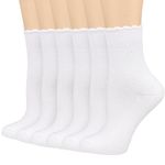 Mcool Mary Women's Crew Socks,Casual Cute Ankle Socks Breathable Cotton Knit White Frilly Socks for Women 6 Pack, 6 Pairs(white), 5-9