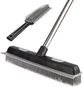 Pet Hair Rubber Broom with Carpet Rake and Squeegee, 2 in 1 Floor Brush for Carpet, 62 inch Adjustable Handle,Black (1)
