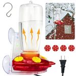 DOUBFIVSY Heated Hummingbird Feeder, 19℃/66℉ Constant Temperature Hummingbird Feeders with 4 Feeding Ports, Hooks & 3 Suction Cups for Winter Outdoor Garden, 17 Ounces, Red