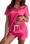 Ekouaer Silk Pajama for Women Short Sleeve Satin Pj Set Two Piece Soft Sleepwear Loungewear Casual Pjs for Summer Rose Red Small