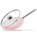 JEETEE Nonstick Frying Pan with Lid, 10" (26cm) Ceramic Egg Omelette Pan W/Stainless Steel Handle, Non Toxic Skillet, PFAS-Free, Oven Safe, Compatible W/All Stovetop, Pink