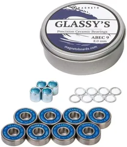 Glassy's Ceramic Bearings (8 Pack), ABEC 9 High Speed Skateboard Bearings with Washers, Spacers and a Glassy's Sticker (Silver)