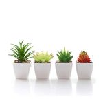 Veryhome Fake Succulents Plants Artificial Potted in Mini Square White Pots for Home Garden Decor Green （Plastic Pots,4PCS）