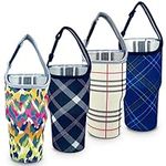 AICMEI 4 Pack 30oz Tumbler Carrier Holder Pouch with Carrying Handle, Fits all 30 oz coffee mugs Neoprene Insulator Cup Sleeve, Reusable - Leopard print/beige/black lattice/blue lattice