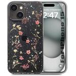 Enflamo Soft Clear Silicone Case Glitter Floral Back Cover for iPhone 15 | with Pressed Dry Real Flowers (Multicolor)