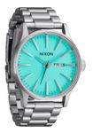 Nixon Sentry SS Stainless Steel Day/Date 42mm WR 100 Meters Mens Watch A356, Silver / Turquoise, One Size, Sentry SS