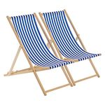 Harbour Housewares Folding Wooden Deck Chairs – Navy Stripe – Pack of 2 – Adults Traditional Foldable Reclining Outdoor Canvas Sun Lounger Chair Seat for Garden Patio, Beach, Camping