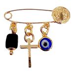 Gold Plated Saint Benedict Baby Brooch Jeweled Safety Pin Genuine Azabache & Evil Eye Pendant Protection Jewelry