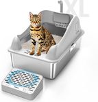 Furkid Enclosed Stainless Steel Cat Litter Box with Lid, XL Extra Large Litter Box for Big Cats, High Sided Kitty Metal Pan with Pedal Filter and Scoop, Non-Sticky&Anti-Leakage Easy Cleaning Gray