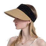 Faxianther Women Satin Headband Straw Sun Visor Hats, Summer Wide Brim UV Protection Sun Hats Garden Straw Hat Beach Caps Portable Travel Golf Cap Visor Black