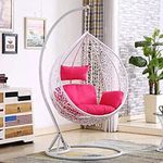 Floor Decor Rattan and Wicker Single Seater Hanging White Swing Chair & Stand with Pink Cushion Chair (Swing-White, Cushion-Pink)
