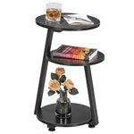 BEWISHOME Round End Table Side Table with Metal Frame, Accent Table Nightstand Bedside Table with 3-Tier Shelves, Small Table for Living Room Bedroom Couch Table Small Coffee Table Black KTZ41B