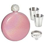 PIVHWIR Womens Flask Booze Shot Flask -AB Crystal Lid, Cute Liquor Flask for Women, 5 oz 304 Stainless Steel Wine Alcohol Liquor Flask for Women Girls Men Party with 2 Cups and Funnel (Pink)