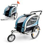 SAMAX Children Bike Trailer 2in1 Kids Jogger Stroller with Suspension 360° rotatable Childs Bicycle Trailer Transport Buggy Carrier for 2 Kids in Blue - Silver Frame