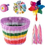 Kids Bike Basket, Bike Basket Front Bike Accessories for Girl Boys, Woven Bicycle Basket with Stickers, Bike Bell, Windmill, and 1pairs Colorful Ribbons Tassels