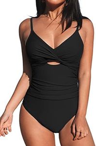 CUPSHE One Piece Swimsuit for Women Bathing Suits Twist Front Cutout Adjustable Straps Ruched Swimwear, Black, Large