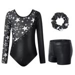 JiAmy Gymnastics Leotards for Girls, Long Sleeve Biketards Sparkly Dance Unitard with Shorts Athletic Bodysuit Outfit for Kids, Black 6-7 years