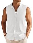 COOFANDY Mens White Summer Sleeveless Tank Tops Lightweight Button Up Banded Collar Shirt Untucked