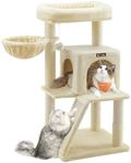 Feandrea Cat Tree, Small Cat Tower with Widened Perch for Large Cats Indoor, Kittens, 96 cm Multi-Level Cat Condo, Scratching Posts and Ramp, 2-Door Cat Cave, Cat Basket, Beige UPCT51M