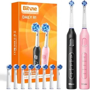 Bitvae Rotating Electric Toothbrush 2 Packs for Adults and Kids, 8 Brush Heads 60-Day Battery Life, 5 Modes Power Toothbrush with 2-Minute Smart Timer, Black & Pink, R1