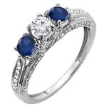 Dazzlingrock Collection Round Gemstone or Diamond & White Diamond 3 Stone Wedding Ring for Women in Gold, 7 UK, Blue Sapphire White Diamond White Gold, Blue Sapphire