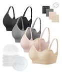 4 Pack Nursing Bras for Breastfeeding & 1pack of 50 Nursing Pads, Seamless Ultra Comfort Maternity Bra, Pregnancy Sleep Bras Bralette S-XXL with Extra Bra Extenders & Clips