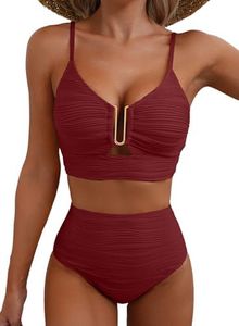 Herseas Women Bikini 2 Piece 2025 Vacation Cutout Bathing Suit Push Up Swimsuit Textured V Neck High Waisted Full Coverage Swimwear Burgundy XX-Large