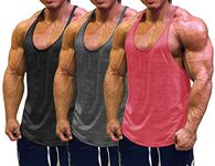 Muscle Cmdr Men's 3 Pack Stringer Tank Tops Bodybuilding Y-Back T-Shirts Gym Fitness (Black,Grey,Pink,Thin Shoulder, L)