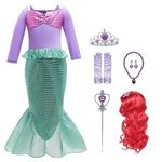 Padete Little Girl Long Sleeves Mermaid Princess Costume Sequins Party Dress (6-7 Years, Long Sleeves With Accessories) - Organza, Multicolor