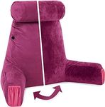 Husband Pillow Medium Aspen Edition Sliding Raspberry, Sit Up Reading & Bed Rest with Arms, Ultra-Comfy, Detach Neck Roll - Premium Shredded Memory Foam Backrest, Reverses to Micro: Suede or Plush