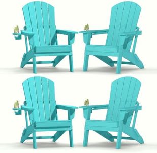 Plawdlik Folding Adirondack Chair, SGS Tested, Wooden Textured with Cup Holder, Heavy All-Weather HDPE Comfortable Set Poolside Backyard Lawn Aruba Blue Set 4