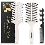 Hair Brush, Curved Vented Hair Comb Quick Blow Dry, Boar Bristle Paddle Detangling Brush with Travel Foldable Hairbrush for Women Men Kids Detangle Wet Dry Hair, Gift Kit(White)