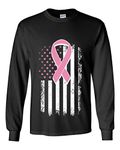 Pink Ribbon Distressed Flag Long Sleeve Tee Breast Cancer Awareness - Black -