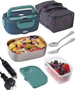 Electric Lunch Box Food Heater 60W1.5L Leak-Proof Heated Lunch Box 12V 24V 220V 3 in 1 Portable Food Warmer for Car/Truck/Office 304 Stainless Steel Container Spoon & Fork and Carry Bag (Dark Green)