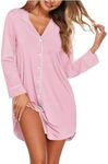 Ekouaer Women's Nightgown Long Sleeve Nightshirt Button Down Sleepshirt Boyfriend Sleepwear Pajama Dress Misty Rose S