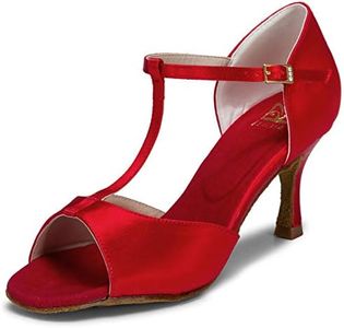 JIAJIA 20511 Women's Satin Sandals Flared Heel Latin Salsa Performance Dance Shoes Color Red,Size 5 B(M) US/35 EU