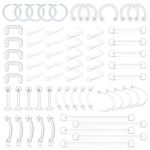 D.Bella 65pcs Mix Style Clear Piercing Retainer Flexible Lip Ear Nose Septum Eyebrow Nipple Tongue Rings Cartilage Tragus Earrings Retainer Bioflex Horseshoe Hoop Industrial Barbell, Bioflex, plastic