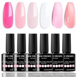 THR3E STROKES Gel Nail Polish Set, 6 Colors Nude Pink Jelly Gel Polish Milky White Neutral Nail Gel Polish Summer Shimmery Glitter Translucent Nail Art Gel Kit Soak off Manicure DIY Salon Gift for Ladies (GULABI PINK GP233)