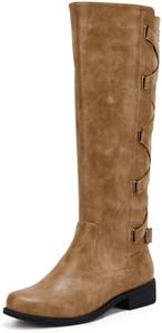 Syktkmx Womens Strappy Motorcycle Knee High Boots Winter Lace Up Riding Flat Low Heel Shoes, Khaki, Size 7