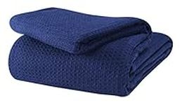 GLAMBURG 100% Cotton Thermal Blanket, Breathable Bed Blanket Twin Size, Soft Waffle Blanket, Twin Blanket, All Season Cotton Blanket, Navy Blue