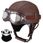 Leather Half Helmet German Style Retro Motorcycle Helmet ECE Approved Men Women Vintage Open Face Helmet with Goggles Half Shell Cap Moped Helmet for Chopper Cruiser Scooter Bike