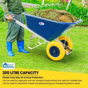 Equimed Extra Large Garden Wheelbarrow – 200L Plastic, Puncture-Proof Wheels, Blue/Yellow
