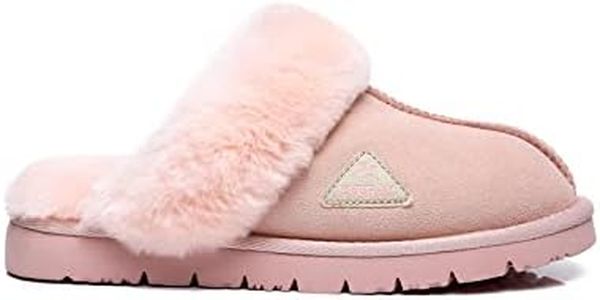 EVERAU Women Slippers Australia Sheepskin Wool Lining Suede Upper Nonslip Muffin Pink