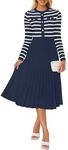 ZESICA Womens Long Sleeve Striped Midi Dresses Crewneck Button Ribbed Knit Pleated A Line Swing Sweater Dress,Navy,Large