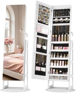 LVSOMT 360° Swivel Jewelry Cabinet with 6 LED Lights, Framelss Full Length Mirror with Storage, Standing Lockable Jewelry Organizer Armoire with 4 Rear Shelves & Hooks, White Surface, Black Lining